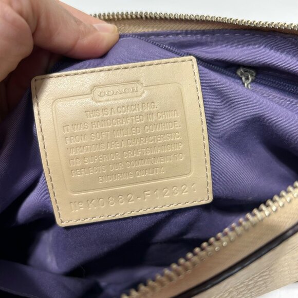 Coach Beige Pebbled Leather Crossbody Bag With Purple Lining & Adjustable Strap - Picture 6 of 10